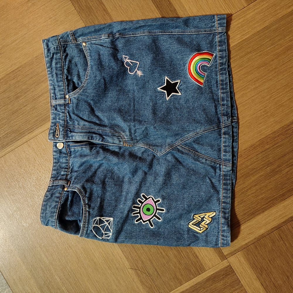 Divided Blue Denim Mini Skirt with Colorful Patches